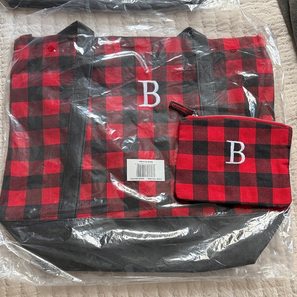 Monogrammed Red & Black Buffalo Plaid Tote with Matching Pouch